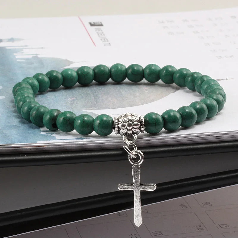 6mm Boho Natürliche Blaue Perlen Armband Männer Kreuz Anhänger Schwarz Vulkanstein Strang Armbänder für Frauen Charme Mode Schmuck