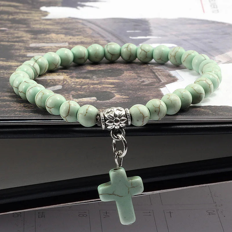 Vintage Kreuz Naturstein 6mm Perlen Armband Charme Männer Blaue Perle Anhänger Strang Armbänder Armreifen Frauen Mode Schmuck Geschenke