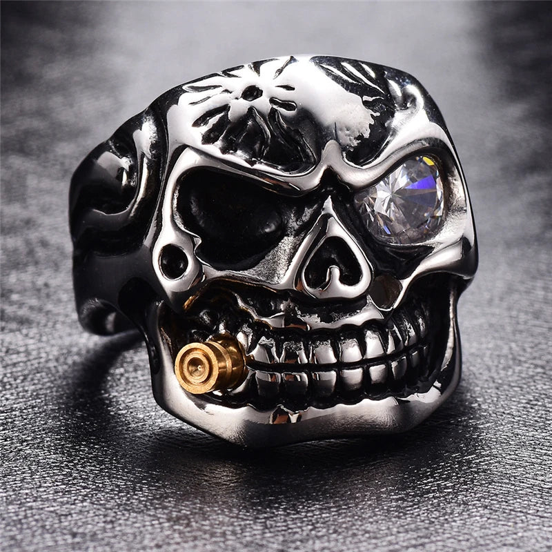 ZRM Mode Gold Rauchen Rohr Biker männer Ringe Rock Punk Schädel Ring Klar Rot Zirkon Auge Überzug Ringe Schmuck für Männer