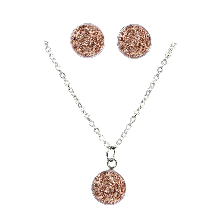 Mode Drusy Runde Anhänger Halskette Ohrringe Schmuck Sets für Frauen Anti allergie Bling Stud Ohrringe Sets Frauen Party Halskette