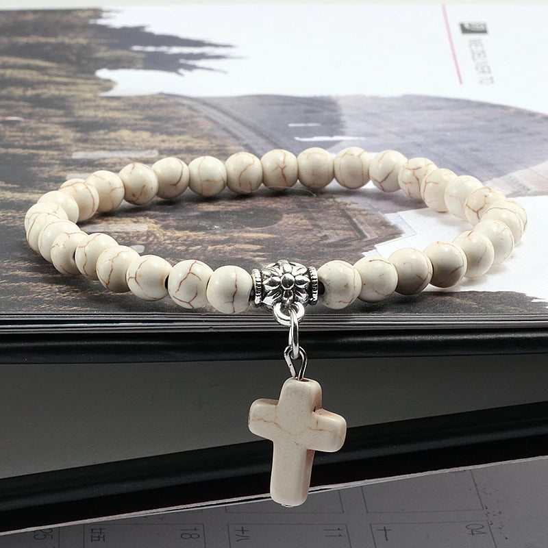 Vintage Kreuz Naturstein 6mm Perlen Armband Charme Männer Blaue Perle Anhänger Strang Armbänder Armreifen Frauen Mode Schmuck Geschenke