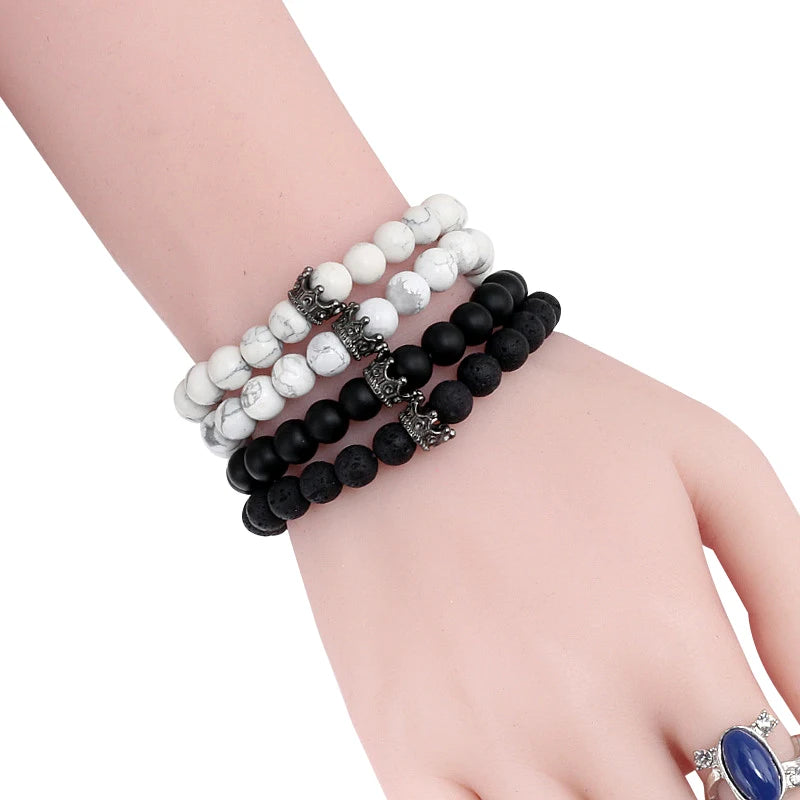 Charme Naturstein Schmuck Perlen Armbänder Paar Schwarze Krone Armband Männer mit Kupfer Perlen Armreif Frauen pulsera dorada