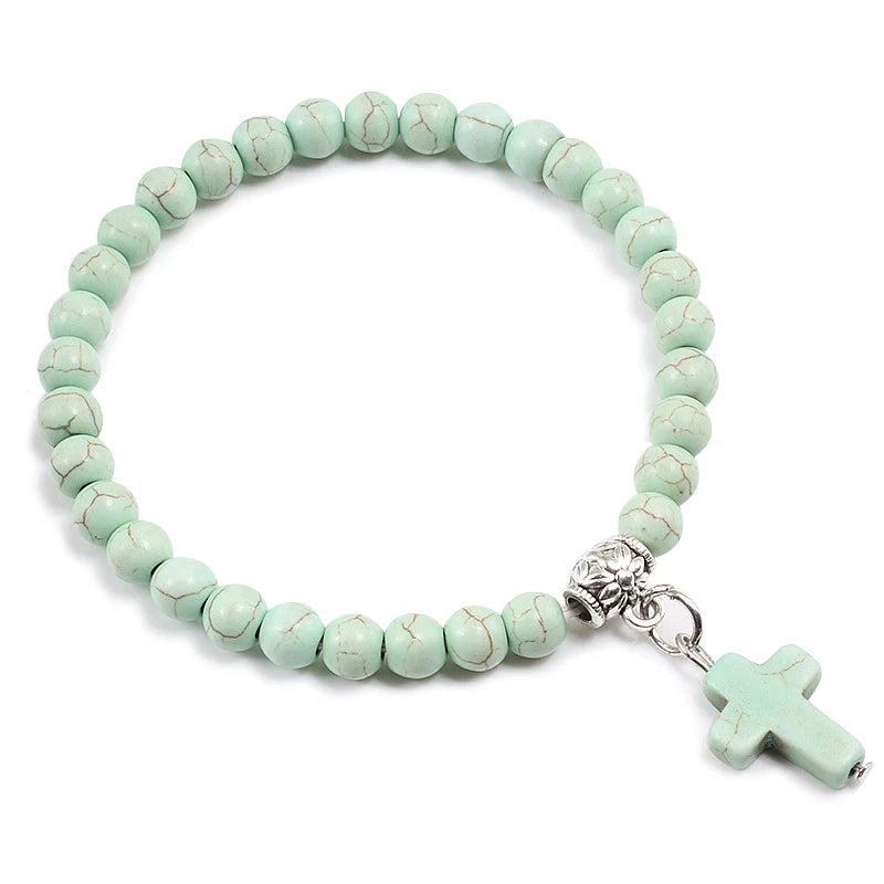 Gebetsarmband, 6 mm, Onyx, Natursteinperlen, Religion, Jesus, Kreuz, Anhänger, Armbänder, Armreifen für Männer und Frauen, Yoga, Freundschaftsschmuck