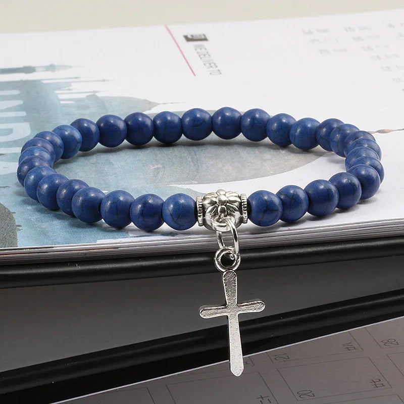 6mm Boho Natürliche Blaue Perlen Armband Männer Kreuz Anhänger Schwarz Vulkanstein Strang Armbänder für Frauen Charme Mode Schmuck