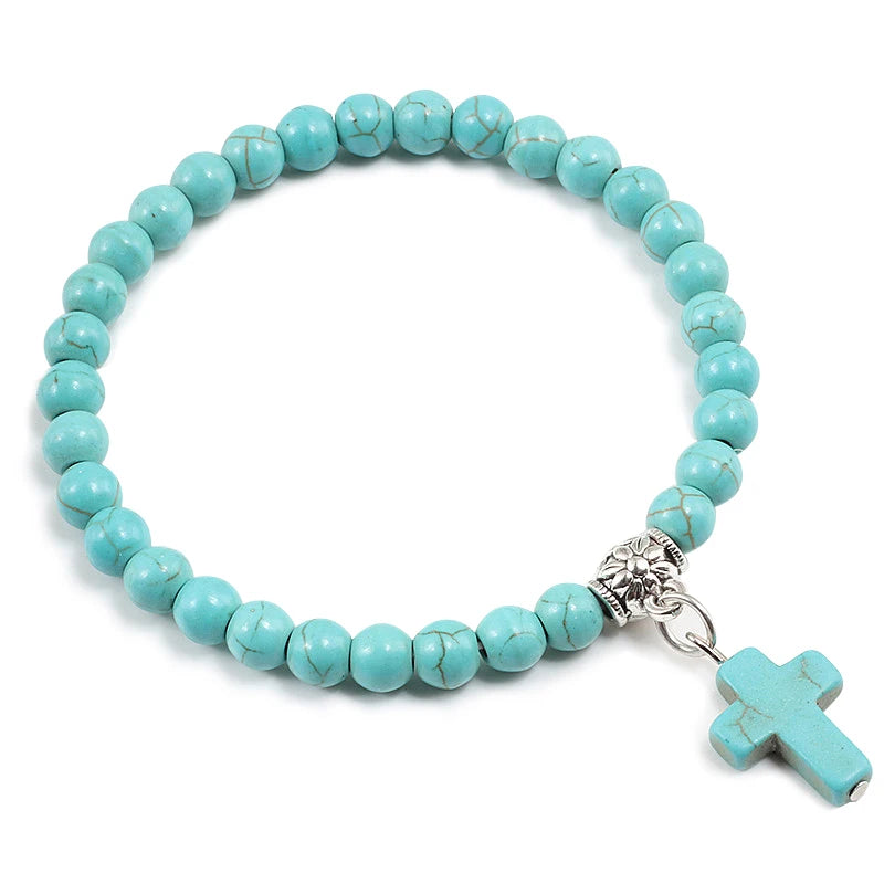 Gebetsarmband, 6 mm, Onyx, Natursteinperlen, Religion, Jesus, Kreuz, Anhänger, Armbänder, Armreifen für Männer und Frauen, Yoga, Freundschaftsschmuck