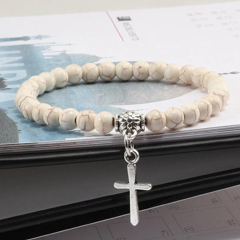 6mm Boho Natürliche Blaue Perlen Armband Männer Kreuz Anhänger Schwarz Vulkanstein Strang Armbänder für Frauen Charme Mode Schmuck