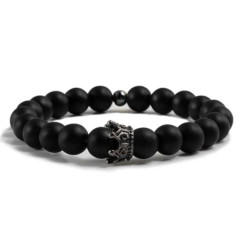 Charme Naturstein Schmuck Perlen Armbänder Paar Schwarze Krone Armband Männer mit Kupfer Perlen Armreif Frauen pulsera dorada