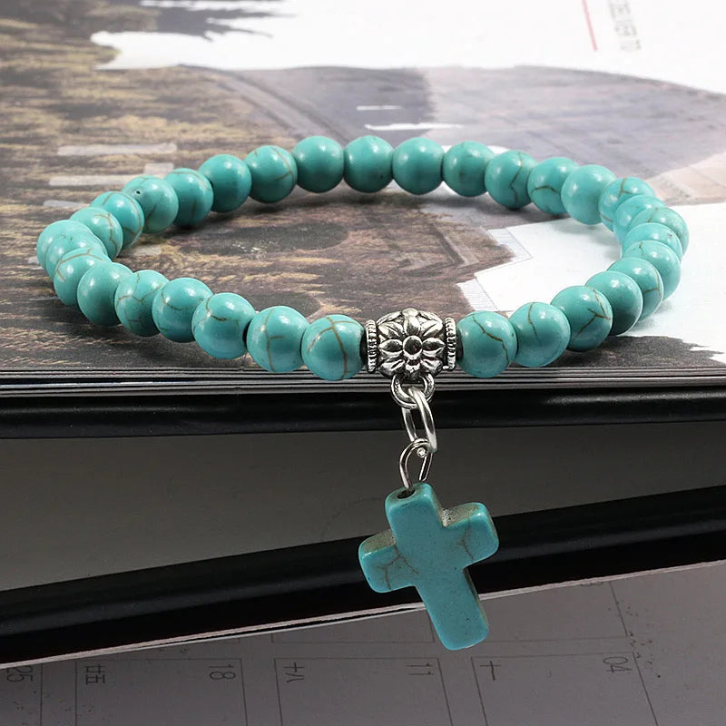 Vintage Kreuz Naturstein 6mm Perlen Armband Charme Männer Blaue Perle Anhänger Strang Armbänder Armreifen Frauen Mode Schmuck Geschenke