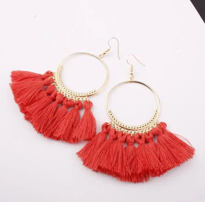 LOVBEAFAS Böhmischen Lange Schwarz Quaste Ohrringe Für Frauen Vintage Gold Farbe Runde Ohrringe Baumwolle Seil Fringe Schmuck Geschenk
