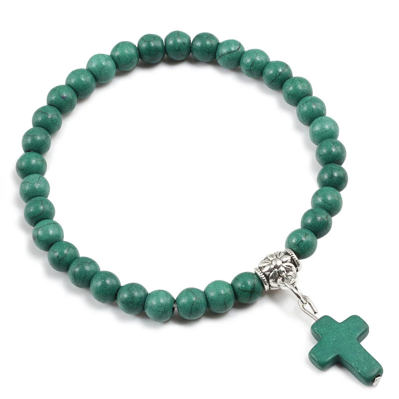 Gebetsarmband, 6 mm, Onyx, Natursteinperlen, Religion, Jesus, Kreuz, Anhänger, Armbänder, Armreifen für Männer und Frauen, Yoga, Freundschaftsschmuck