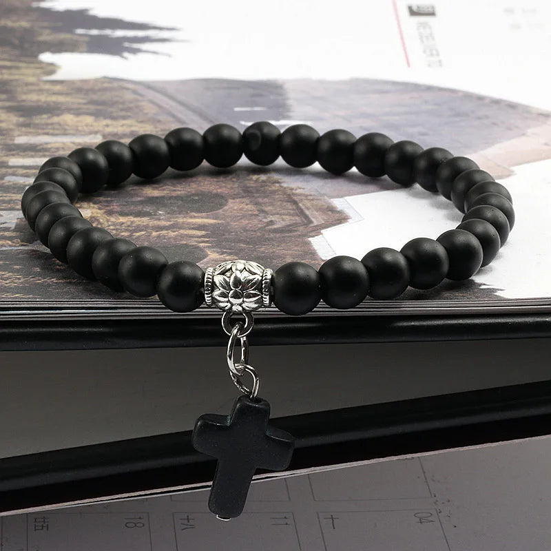 Vintage Kreuz Naturstein 6mm Perlen Armband Charme Männer Blaue Perle Anhänger Strang Armbänder Armreifen Frauen Mode Schmuck Geschenke