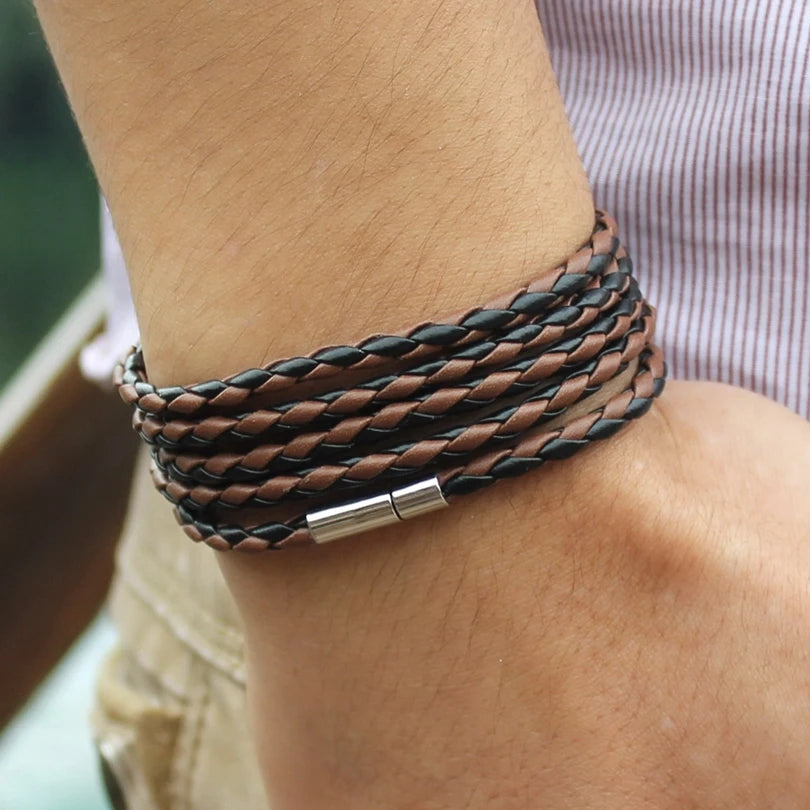 XQNI Marke schwarz Retro Wrap langes Lederarmband Männer Armreifen Mode sproty Kettenverbindung männliches Bettelarmband mit 5 Runden