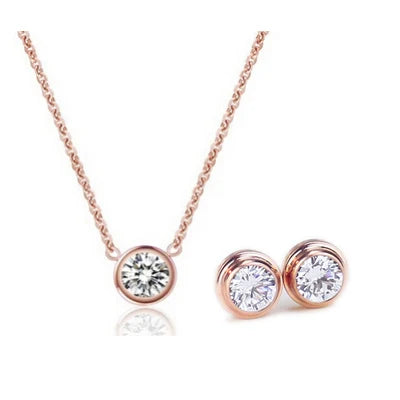 Frauen Rose Gold Farbe Edelstahl Zirkon Kristall Schmuck Sets Halskette + Ohrringe