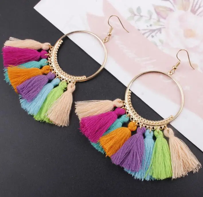 LOVBEAFAS Böhmischen Lange Schwarz Quaste Ohrringe Für Frauen Vintage Gold Farbe Runde Ohrringe Baumwolle Seil Fringe Schmuck Geschenk