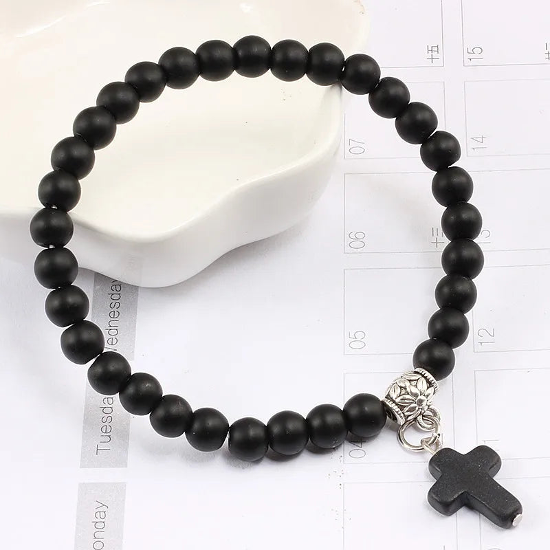 Vintage Kreuz Naturstein 6mm Perlen Armband Charme Männer Blaue Perle Anhänger Strang Armbänder Armreifen Frauen Mode Schmuck Geschenke