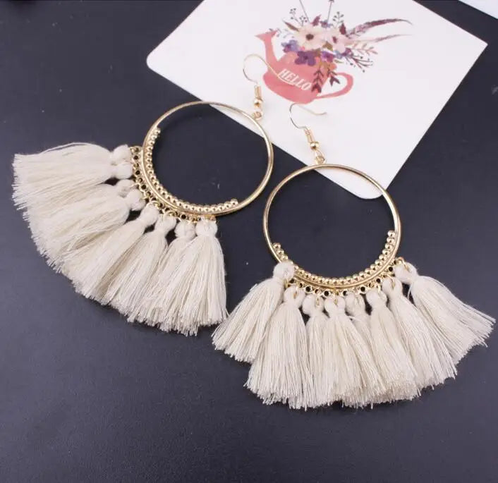 LOVBEAFAS Böhmischen Lange Schwarz Quaste Ohrringe Für Frauen Vintage Gold Farbe Runde Ohrringe Baumwolle Seil Fringe Schmuck Geschenk