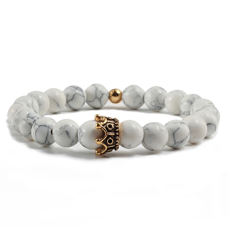Charme Naturstein Schmuck Perlen Armbänder Paar Schwarze Krone Armband Männer mit Kupfer Perlen Armreif Frauen pulsera dorada