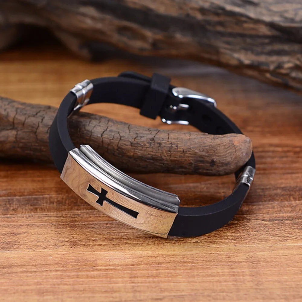 1pc Silikon Schnalle Armbänder Armreif Mode coole Armband Schmuck Damen Herren Kreuz Edelstahl christlichen religiösen Amulett