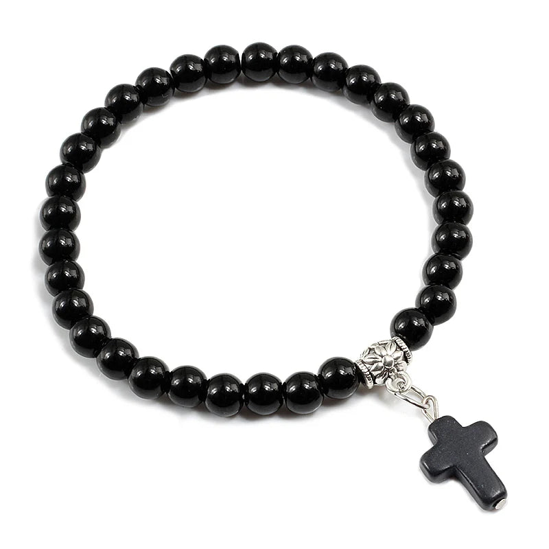 Gebetsarmband, 6 mm, Onyx, Natursteinperlen, Religion, Jesus, Kreuz, Anhänger, Armbänder, Armreifen für Männer und Frauen, Yoga, Freundschaftsschmuck