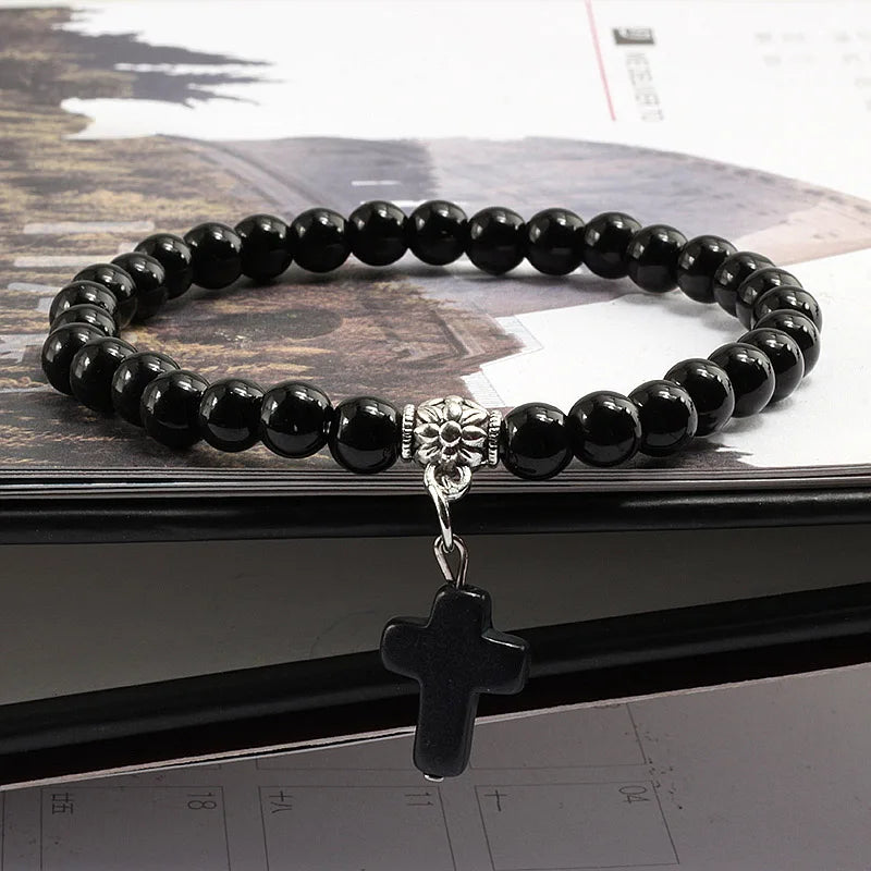 Vintage Kreuz Naturstein 6mm Perlen Armband Charme Männer Blaue Perle Anhänger Strang Armbänder Armreifen Frauen Mode Schmuck Geschenke
