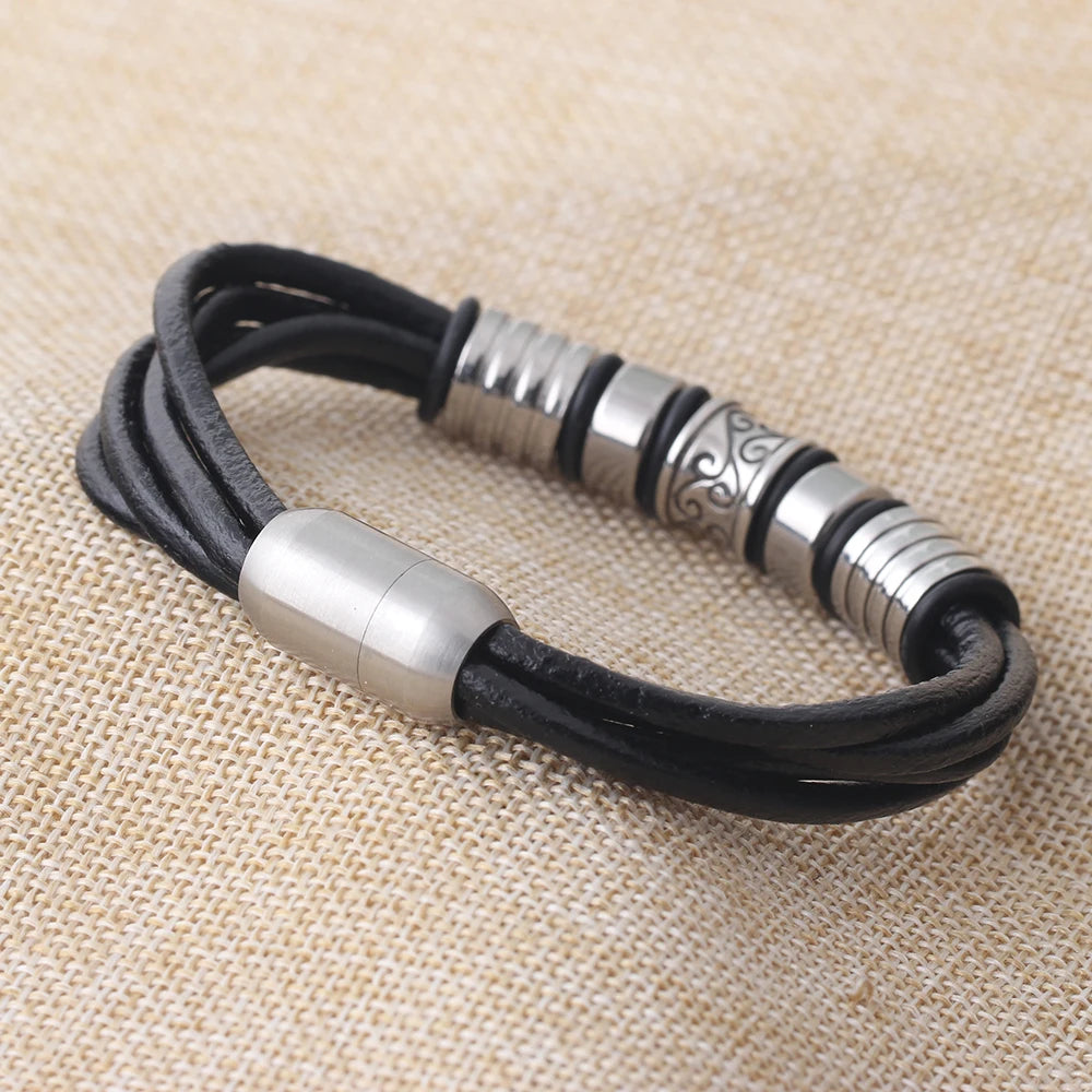 Glück Armband Edelstahl Blume Schwarz Leder Einfache Handmade Echten Geflochtenen Großhandel Leder Armband für Männer
