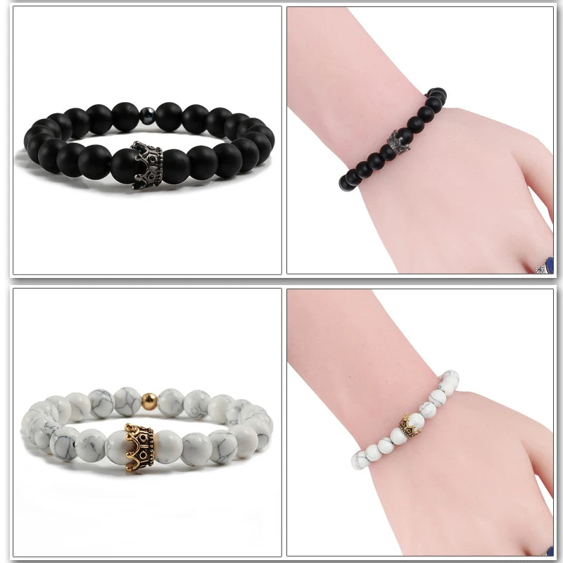Charme Naturstein Schmuck Perlen Armbänder Paar Schwarze Krone Armband Männer mit Kupfer Perlen Armreif Frauen pulsera dorada