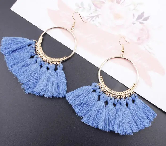 LOVBEAFAS Böhmischen Lange Schwarz Quaste Ohrringe Für Frauen Vintage Gold Farbe Runde Ohrringe Baumwolle Seil Fringe Schmuck Geschenk