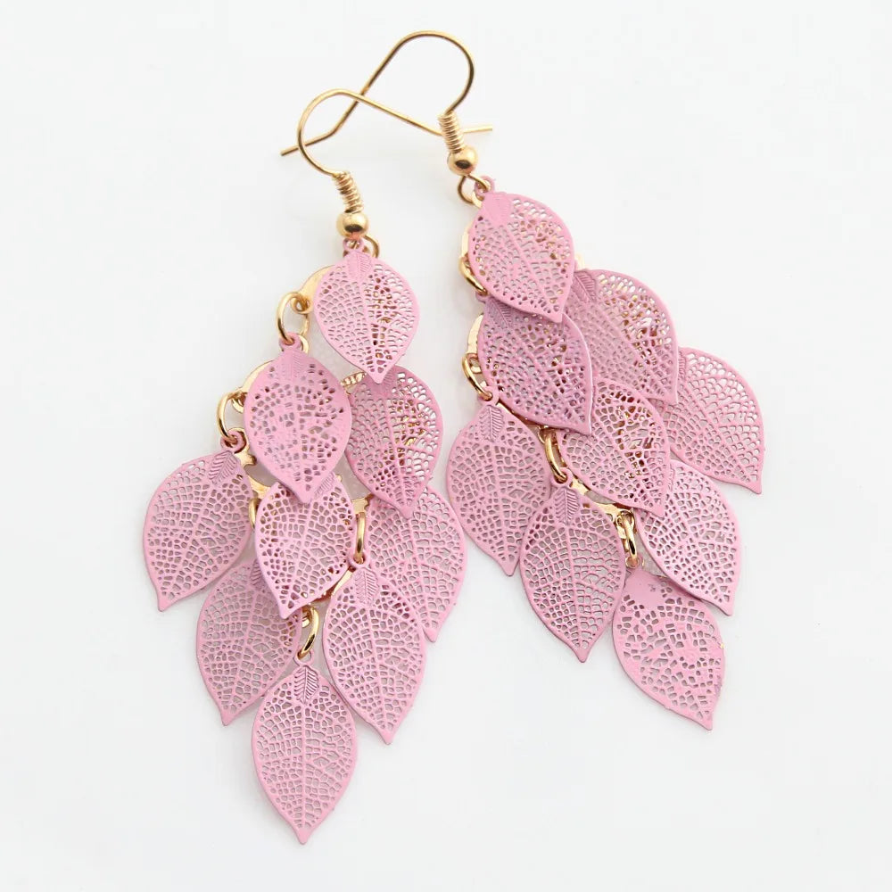 Kupfer Filigrane Blätter Ohrring Rosa Weiße Blatt Quaste Dorp Ohrringe Lange Baumeln Ohrring für Mädchen und Frauen