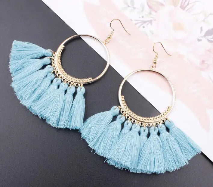 LOVBEAFAS Böhmischen Lange Schwarz Quaste Ohrringe Für Frauen Vintage Gold Farbe Runde Ohrringe Baumwolle Seil Fringe Schmuck Geschenk