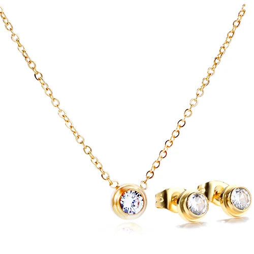 Frauen Rose Gold Farbe Edelstahl Zirkon Kristall Schmuck Sets Halskette + Ohrringe