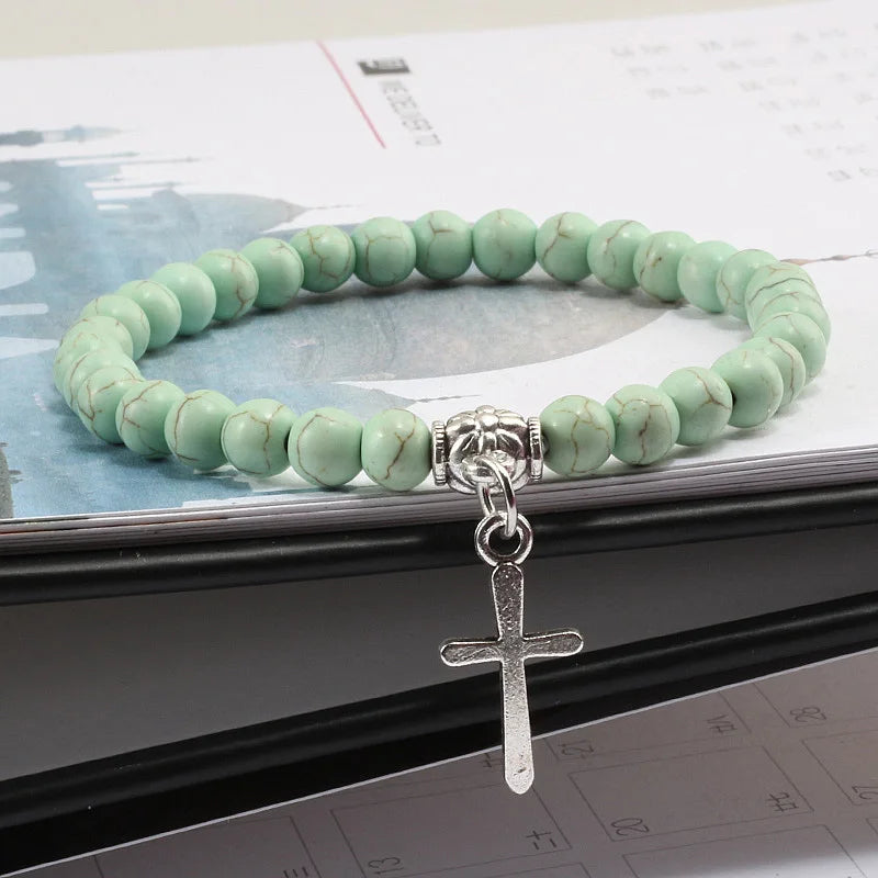6mm Boho Natürliche Blaue Perlen Armband Männer Kreuz Anhänger Schwarz Vulkanstein Strang Armbänder für Frauen Charme Mode Schmuck