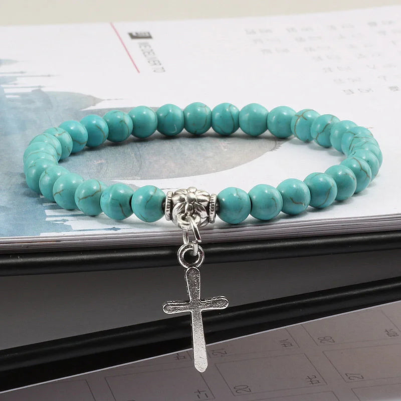 6mm Boho Natürliche Blaue Perlen Armband Männer Kreuz Anhänger Schwarz Vulkanstein Strang Armbänder für Frauen Charme Mode Schmuck