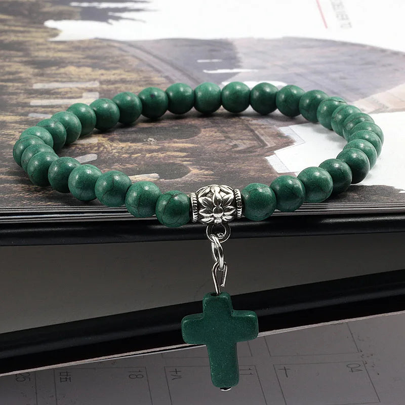 Vintage Kreuz Naturstein 6mm Perlen Armband Charme Männer Blaue Perle Anhänger Strang Armbänder Armreifen Frauen Mode Schmuck Geschenke