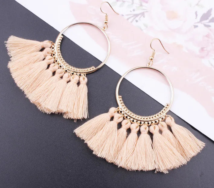 LOVBEAFAS Böhmischen Lange Schwarz Quaste Ohrringe Für Frauen Vintage Gold Farbe Runde Ohrringe Baumwolle Seil Fringe Schmuck Geschenk
