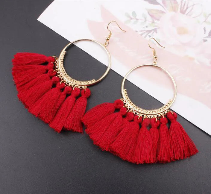 LOVBEAFAS Böhmischen Lange Schwarz Quaste Ohrringe Für Frauen Vintage Gold Farbe Runde Ohrringe Baumwolle Seil Fringe Schmuck Geschenk