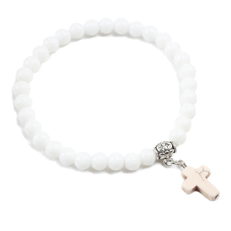 Gebetsarmband, 6 mm, Onyx, Natursteinperlen, Religion, Jesus, Kreuz, Anhänger, Armbänder, Armreifen für Männer und Frauen, Yoga, Freundschaftsschmuck