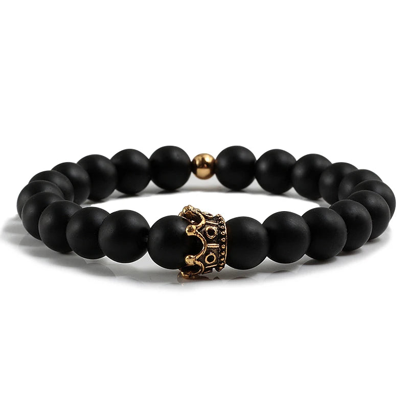 Charme Naturstein Schmuck Perlen Armbänder Paar Schwarze Krone Armband Männer mit Kupfer Perlen Armreif Frauen pulsera dorada