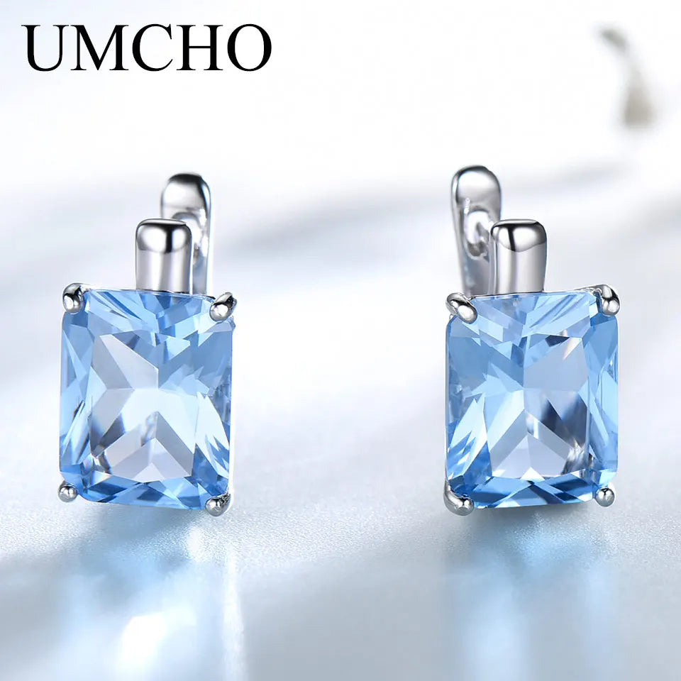 UMCHO Luxus Nano Sky Blue Topas Edelstein Schmuck Solide 925 Sterling Silber Clip Auf Ohrringe Für Frauen Geburtstag Geschenk Mode