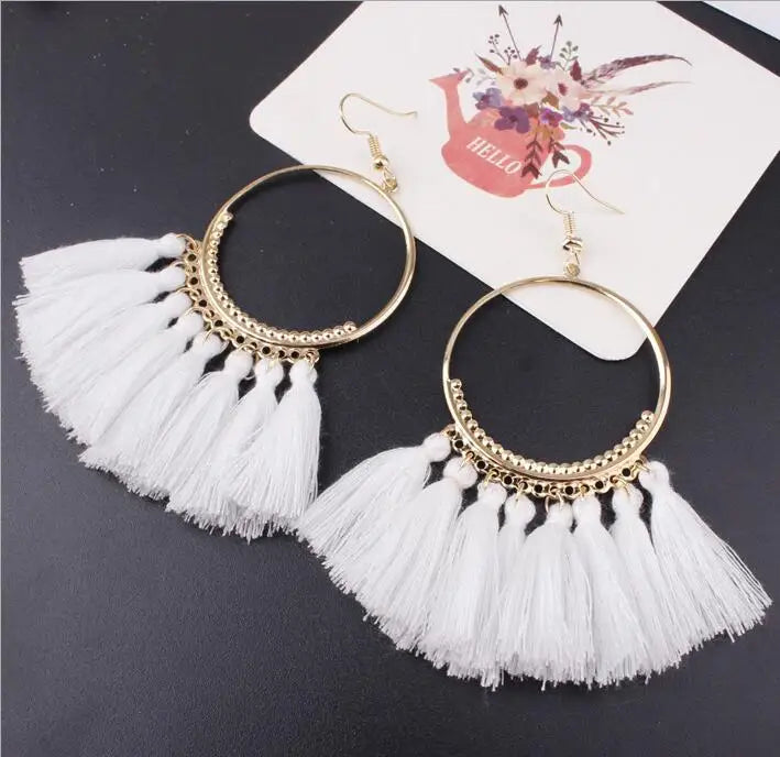 LOVBEAFAS Böhmischen Lange Schwarz Quaste Ohrringe Für Frauen Vintage Gold Farbe Runde Ohrringe Baumwolle Seil Fringe Schmuck Geschenk