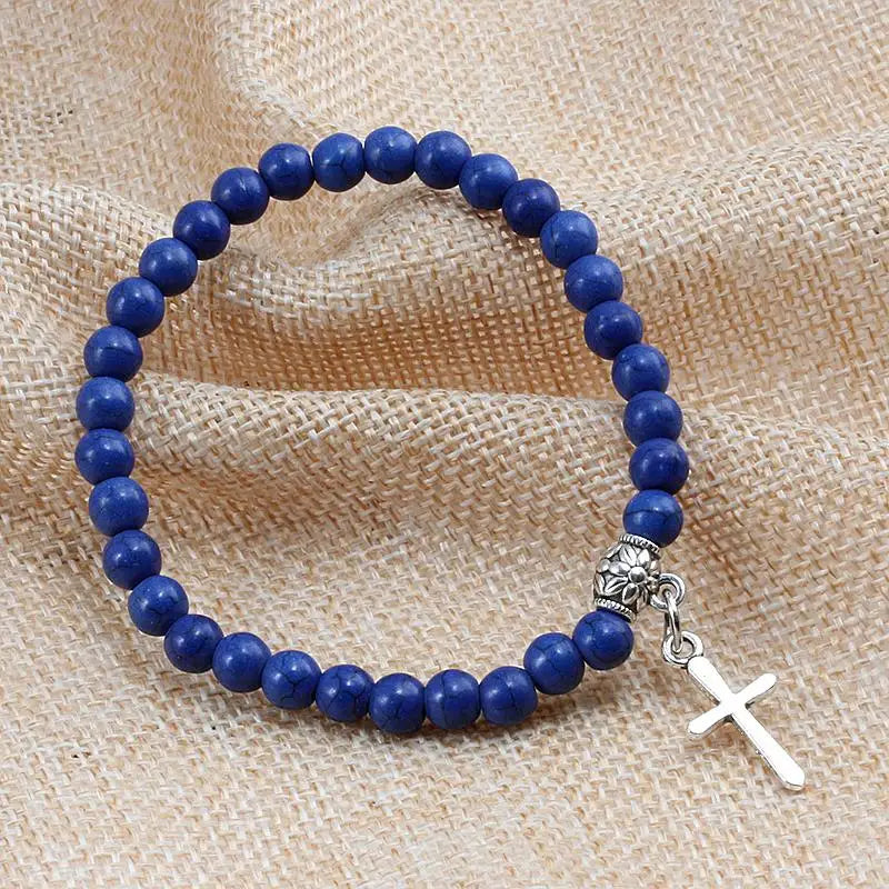 6mm Boho Natürliche Blaue Perlen Armband Männer Kreuz Anhänger Schwarz Vulkanstein Strang Armbänder für Frauen Charme Mode Schmuck