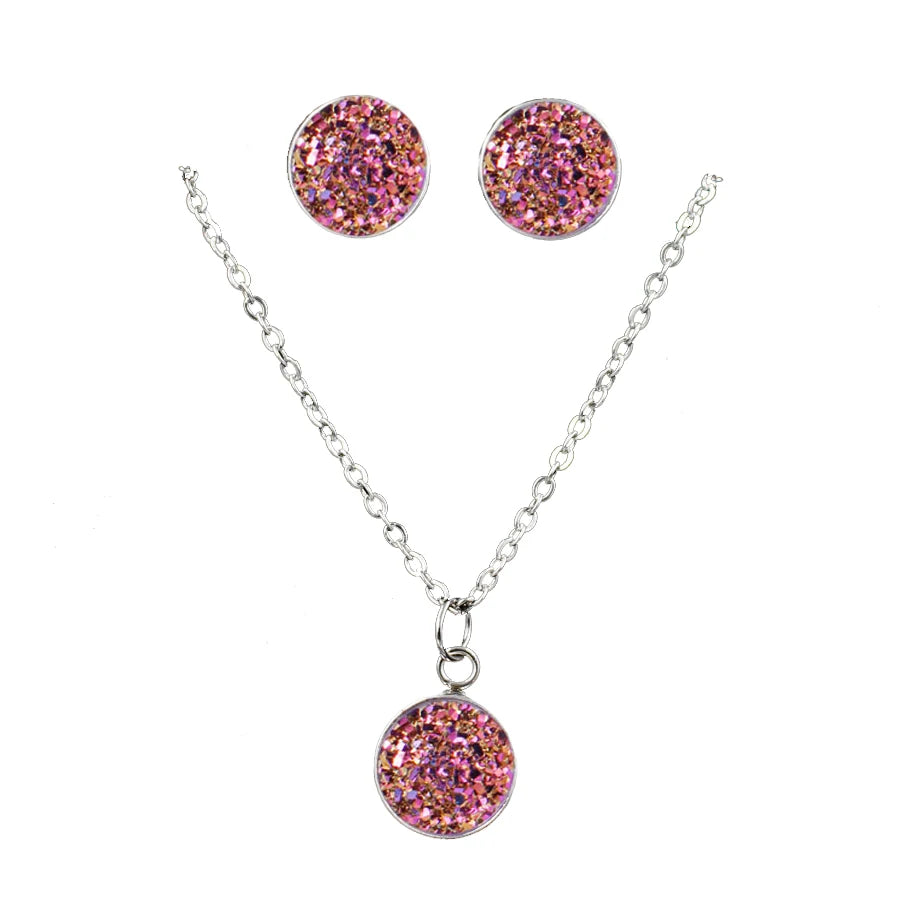Mode Drusy Runde Anhänger Halskette Ohrringe Schmuck Sets für Frauen Anti allergie Bling Stud Ohrringe Sets Frauen Party Halskette