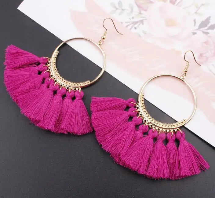 LOVBEAFAS Böhmischen Lange Schwarz Quaste Ohrringe Für Frauen Vintage Gold Farbe Runde Ohrringe Baumwolle Seil Fringe Schmuck Geschenk