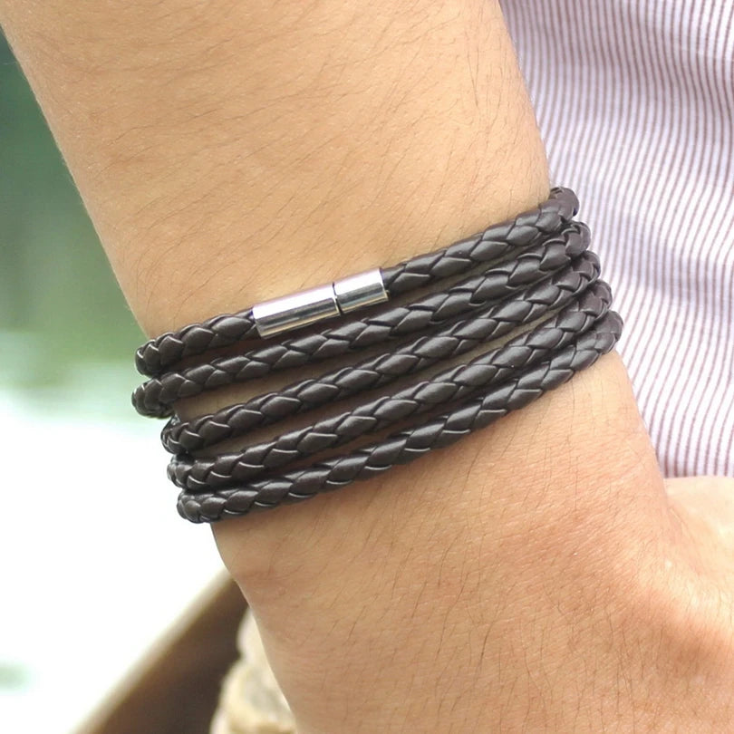 XQNI Marke schwarz Retro Wrap langes Lederarmband Männer Armreifen Mode sproty Kettenverbindung männliches Bettelarmband mit 5 Runden