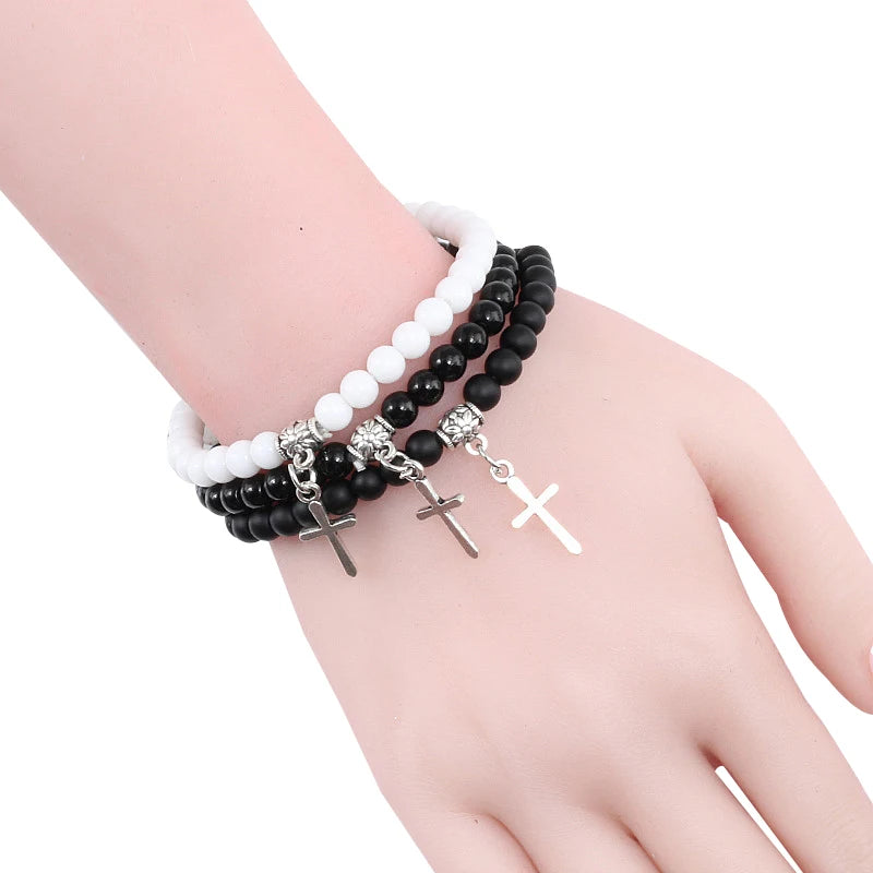 6mm Boho Natürliche Blaue Perlen Armband Männer Kreuz Anhänger Schwarz Vulkanstein Strang Armbänder für Frauen Charme Mode Schmuck