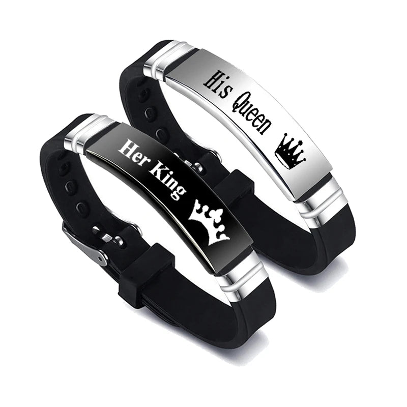 2-teiliges Set „Seine Königin, Ihr König“-Paar-Armband, Edelstahl, verstellbarer Silikonarmband-Armreif, Valentinstagsgeschenk