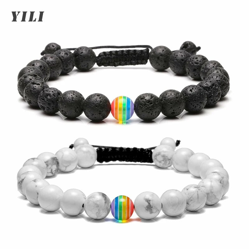 LGBT-Beziehungsarmband Rainbow Pride 8 mm weißes Howlith schwarzes Lavagestein-Armband Natursteinperlen Öldiffusor-Armbänder