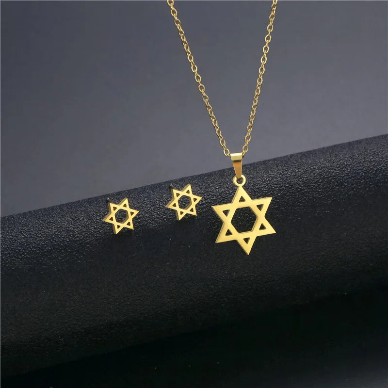 Davidstern-Anhänger, Halskette, Ohrringe, Set, weiblich, goldfarben, Edelstahl, niedlich, klein, Modeschmuck-Sets für Frauen und Mädchen