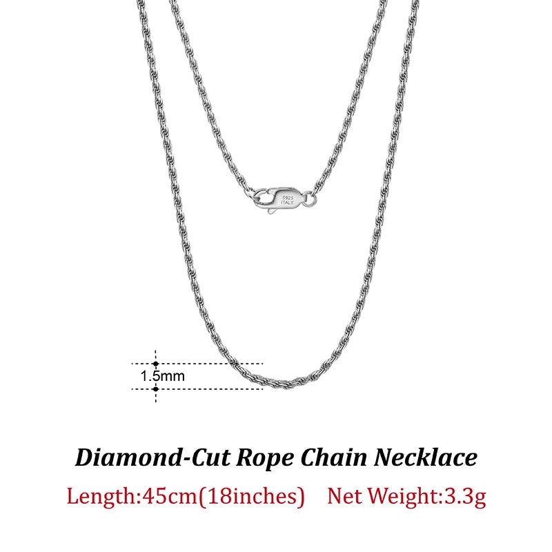 Rinntin Luxus-Halskette aus 925er-Sterlingsilber mit Diamantschliff für Herren und Damen, modischer italienischer Silber-Halskette, Schmuck SC29