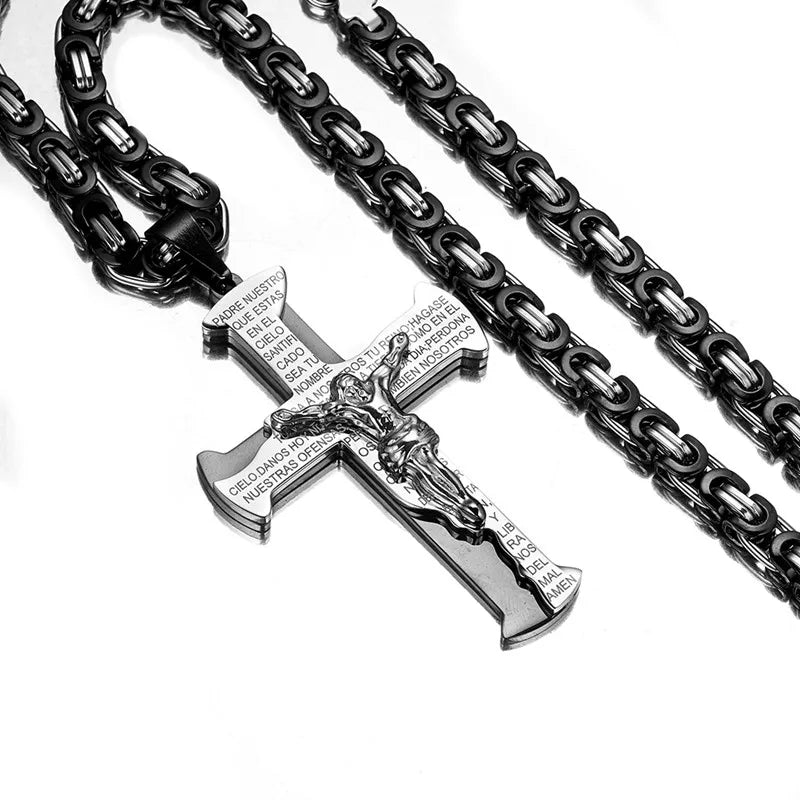 Jesus Kreuzigung Kreuz Anhänger Halskette für Männer Frauen Gold Silber Schwarz Farbe Edelstahl Byzanine Kette