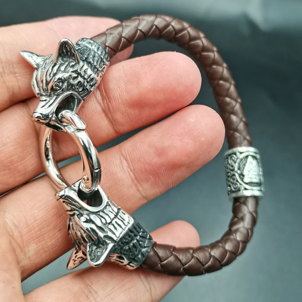 Dropshipping 1 stücke rune perle Wolf Kopf leder Armband Edelstahl viking Armband armreif für Männer schmuck